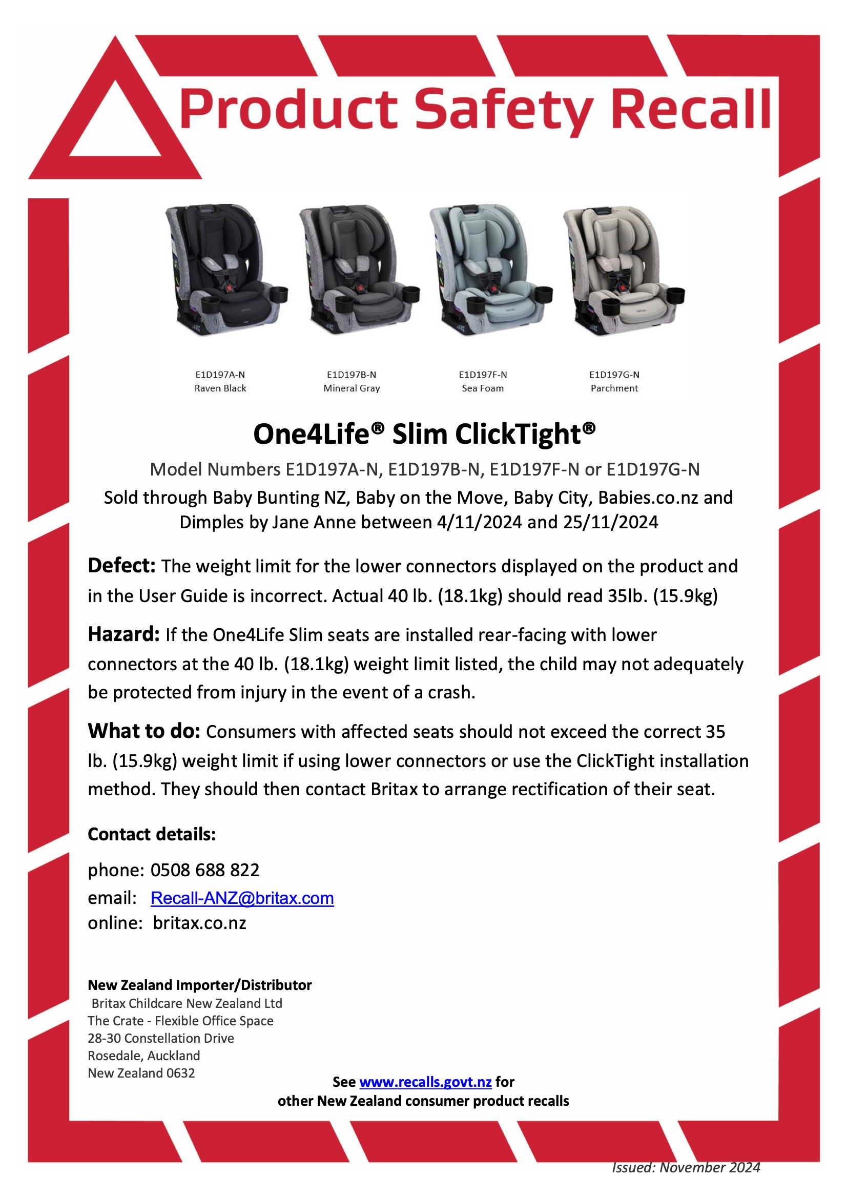 Britax One4Life Slim recall